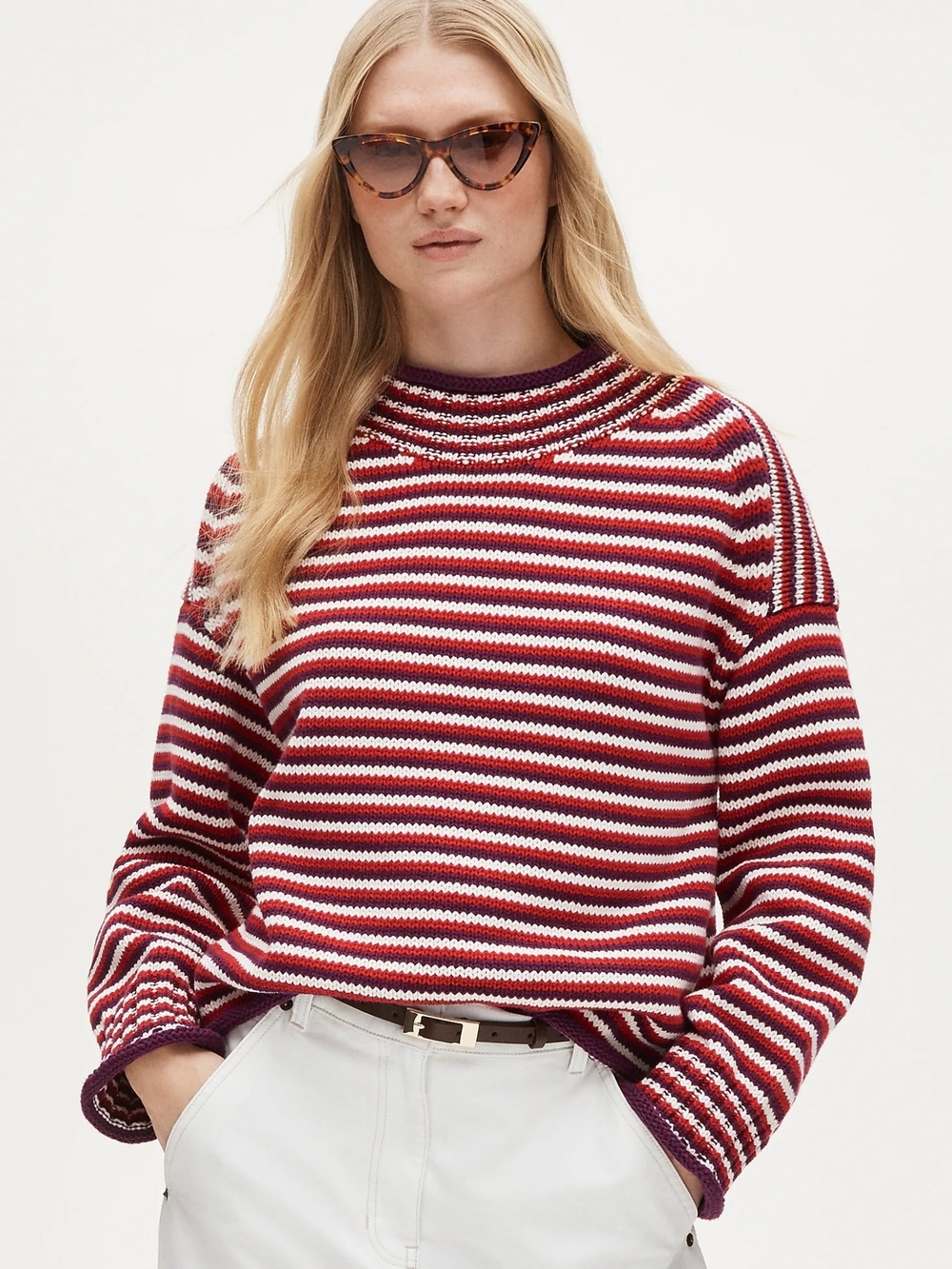 New! J. Crew 2025 Rollneck Sweater in Stripe Ivory Ruby Raisin XS